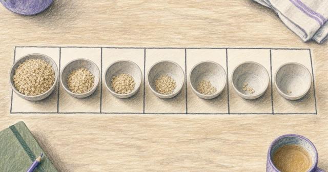 Seven small bowls on a drawn grid, each holding less food than the one before