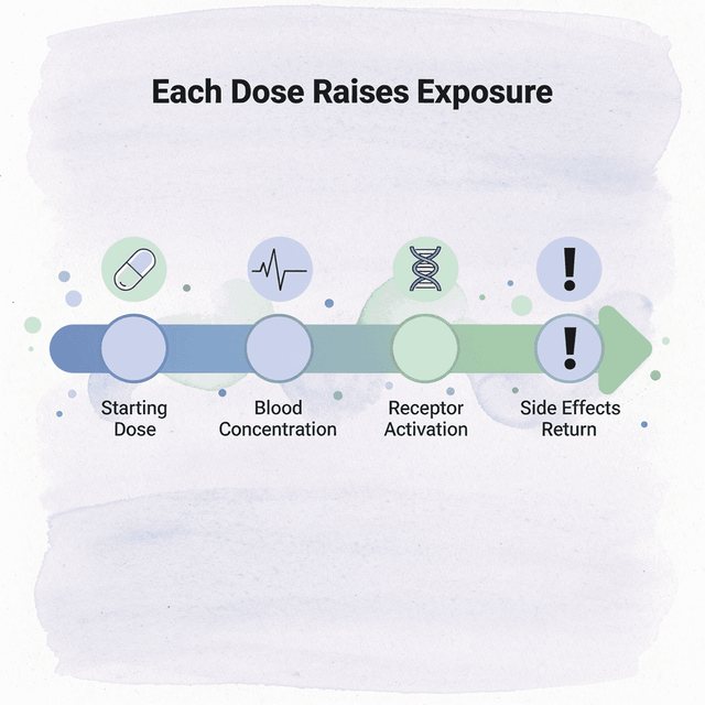Arrow progression showing how each dose increase raises tirzepatide exposure and side effects