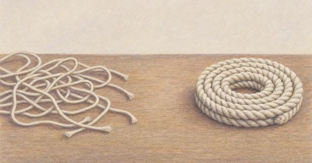 Loose scattered cotton cords on the left and the same cords braided into one thick rope on the right