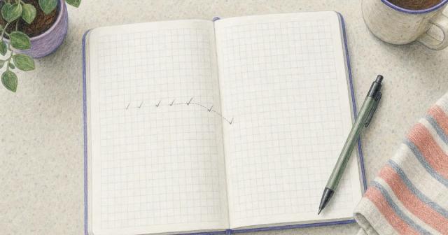 Overhead view of an open grid notebook with faint pencil ticks joined by a soft dotted line
