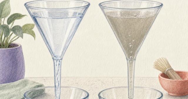 Two glass funnels side by side, one draining freely, one stalled with bubbles