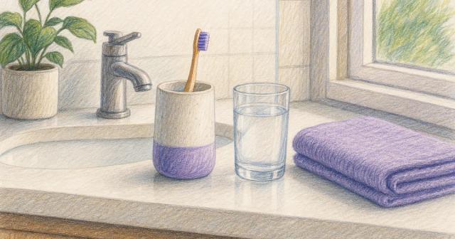 Toothbrush in a cup, water glass, and folded towel at a clean sink