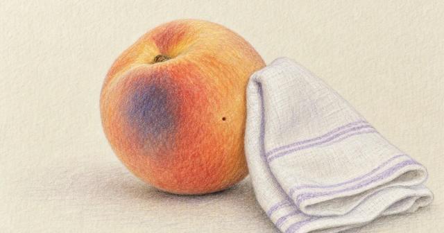 A peach with one small bruise and a tiny puncture mark, with a folded cloth held against it by a pebble