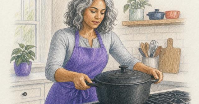 A woman in her 40s doing a squat with a hand weight at home