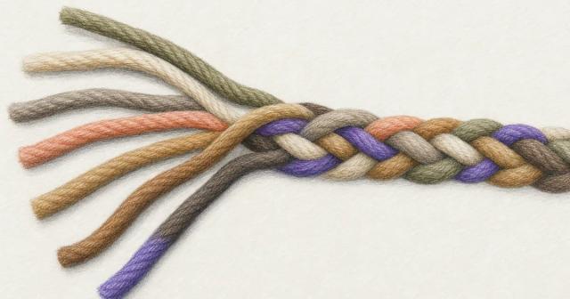 Several strands braiding into one thick rope, one strand purple