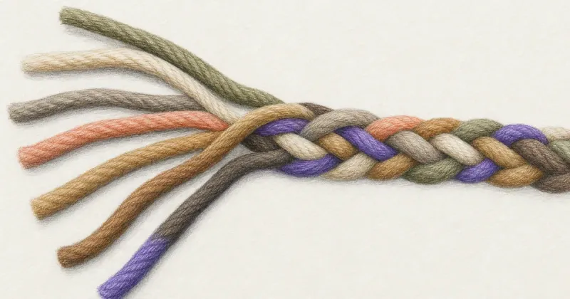 Several strands braiding into one thick rope, one strand purple