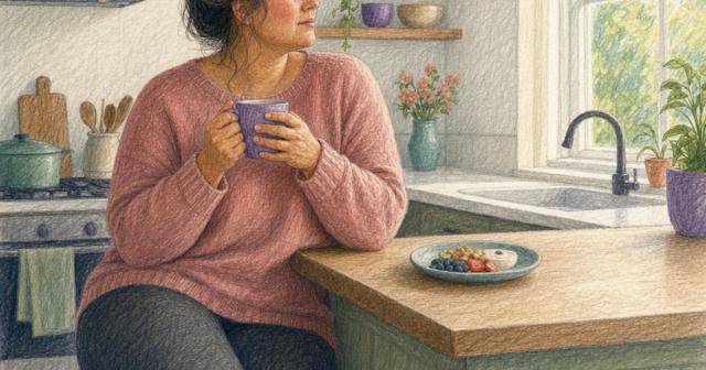 Woman at a kitchen counter by a window holding a mug, a barely touched plate nearby