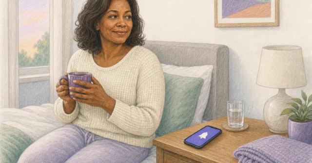 Phone on a nightstand glowing with a bell reminder beside a glass of water at dawn