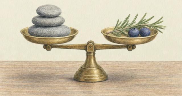 Balanced two-pan kitchen scale holding grey stones on one side and rosemary with blueberries on the other