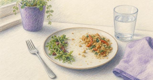 A half-finished plate with the fork set down on a bright table