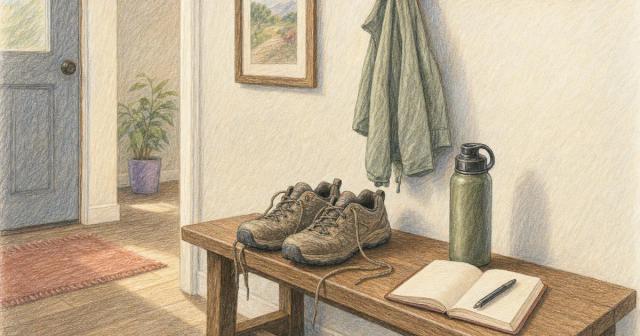 Entryway bench with half-laced walking shoes, water bottle, jacket on a hook and open blank notebook