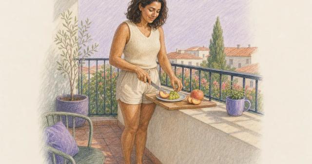 Woman on a sunny balcony calmly slicing fruit onto a simple plate