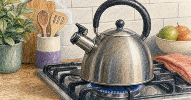 Kettle releasing the first wisps of steam on a stovetop.