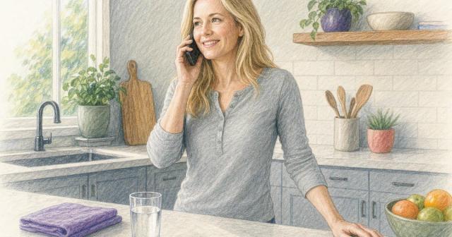 Woman standing at a kitchen counter in morning light, talking warmly on the phone