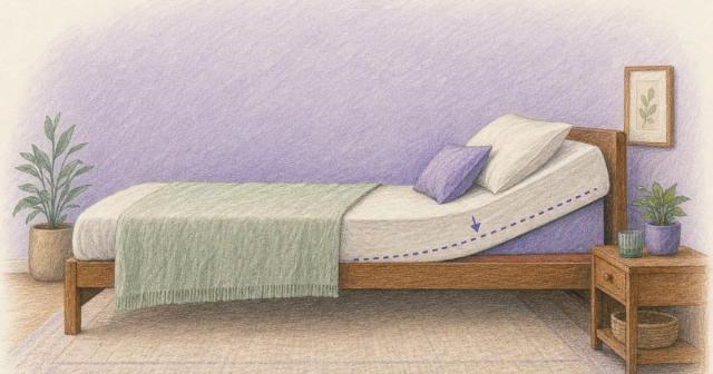 Side view of a bed with the head end raised on a wedge on an incline