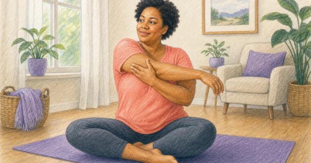 A woman doing a gentle stretch on a yoga mat in a sunlit room