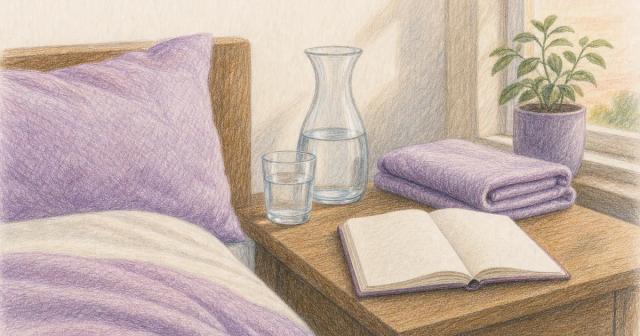 Restful dawn bedside with folded blanket, water carafe, and open journal