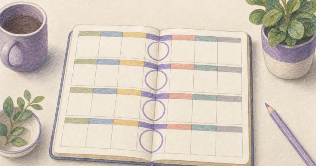 Weekly planner with the same weekday circled down four week rows