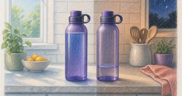 Two water bottles side by side, full in morning light and empty by evening