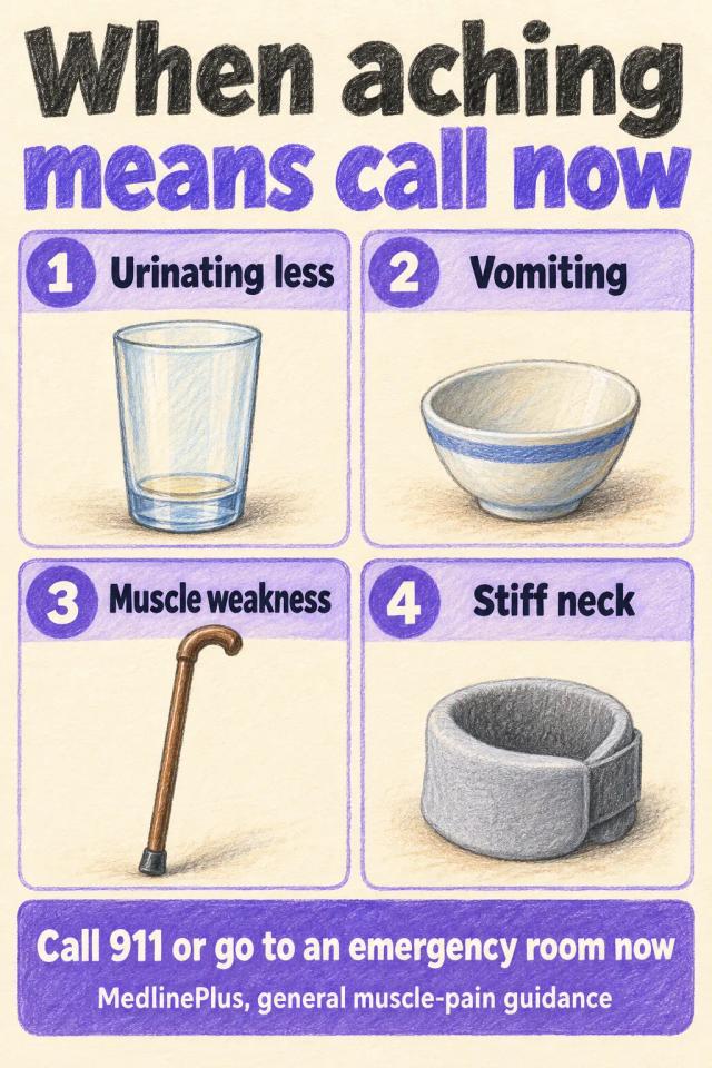 Four signs with muscle pain that mean emergency care now: urinating less, vomiting, weakness, stiff neck.