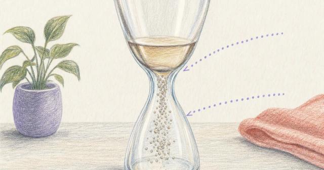 Glass vessel with a narrow neck holding stalled liquid and rising bubbles