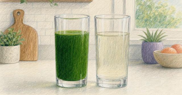 Two matching glasses side by side, one filled with deep green liquid, one nearly clear