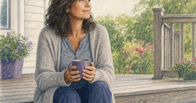 A person sits alone on a porch step at dawn, holding a warm mug and thinking