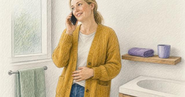 A person standing beside a spare bathroom shelf, talking on a phone with one hand on their stomach