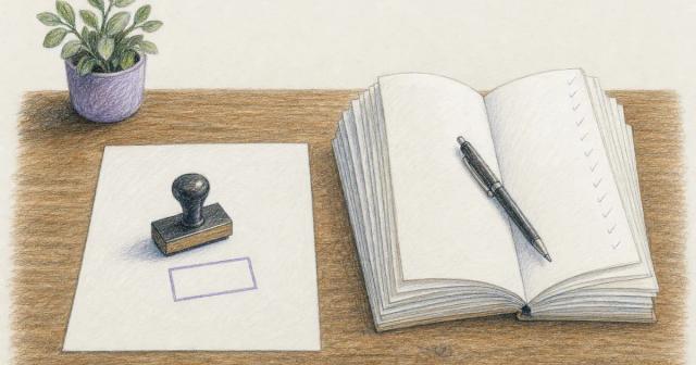 A rubber stamp on one blank page beside a thick stack of annotated pages