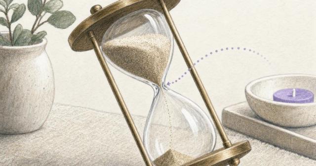 Hourglass on linen with sand stalled at its narrow neck