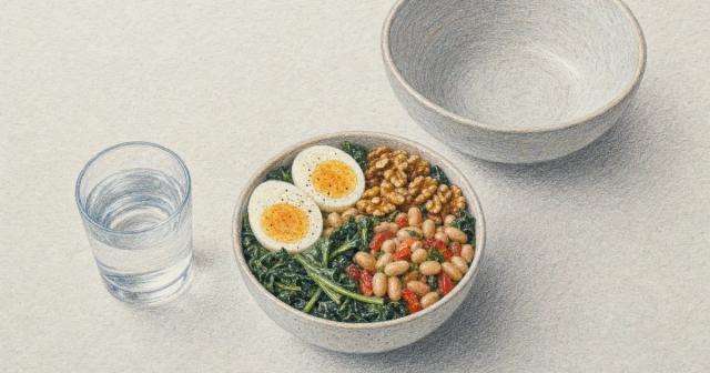Small bowl packed with eggs, beans, nuts and greens beside a larger empty bowl