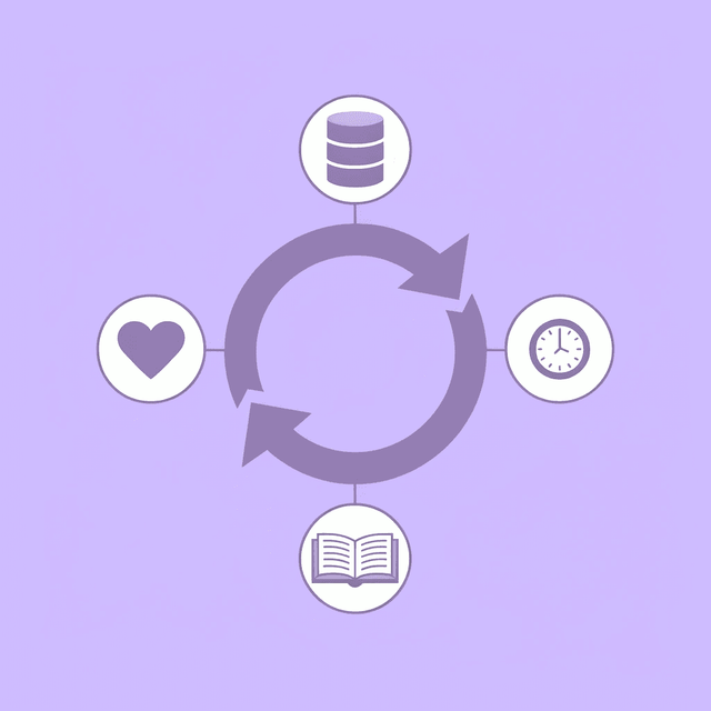 Central hub with four connected elements: protein intake, fiber tracking, hydration, and movement