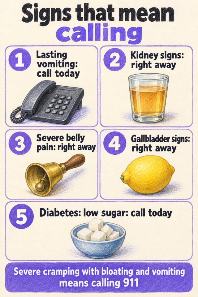 Lasting vomiting: call today; kidney, belly pain, gallbladder signs: right away; severe cramping: call 911.