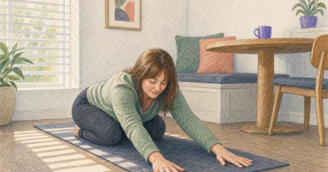 Person stretching on a mat on the floor beside a sunlit breakfast nook table