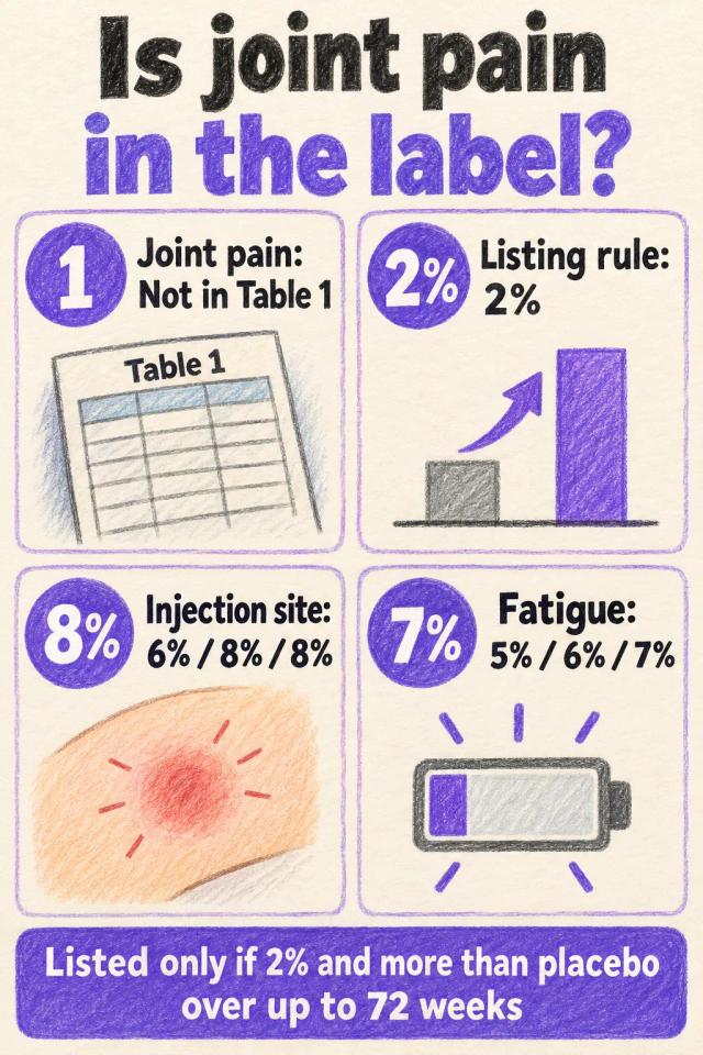 Chart: joint pain is not in Table 1, while injection site reactions and fatigue carry rates by dose.