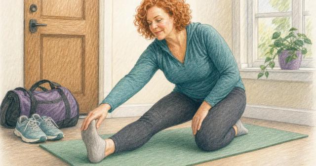 Woman stretching on a mat in an entryway beside a packed gym bag and sneakers