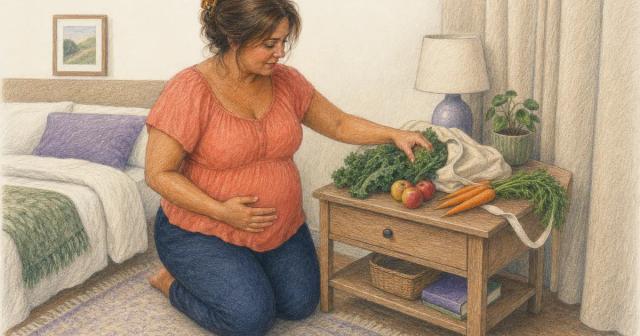Woman kneeling by a nightstand at dusk unpacking fresh produce from a market bag