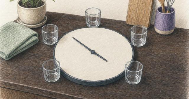 Unmarked clock face on a wooden counter ringed by five evenly spaced glass tumblers