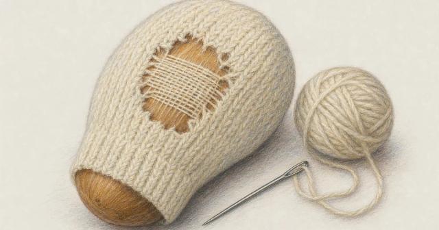 Thinned knitted wool over a wooden darning egg being rewoven with yarn and a needle