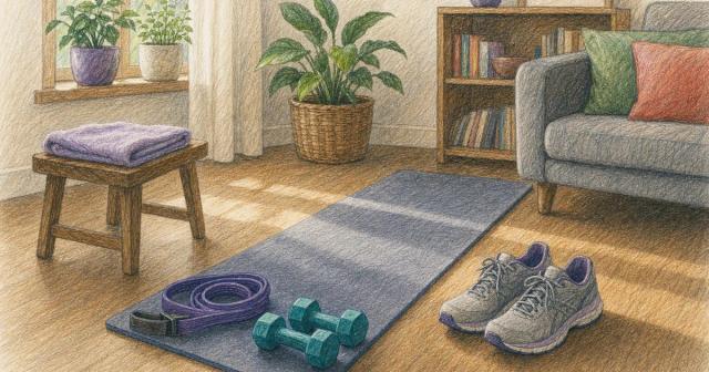 Living room corner with an unrolled exercise mat, resistance band, hand weights and walking shoes