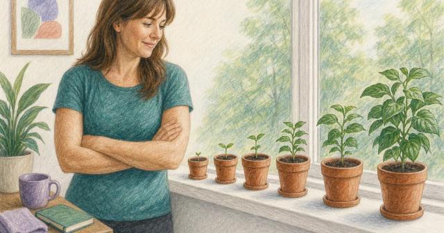 Row of potted plants on a windowsill growing taller from left to right.