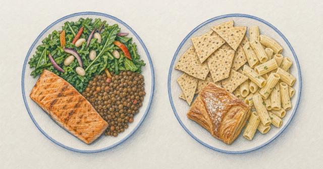 Two equal plates from above, one of fish beans and greens, one of crackers and pastry