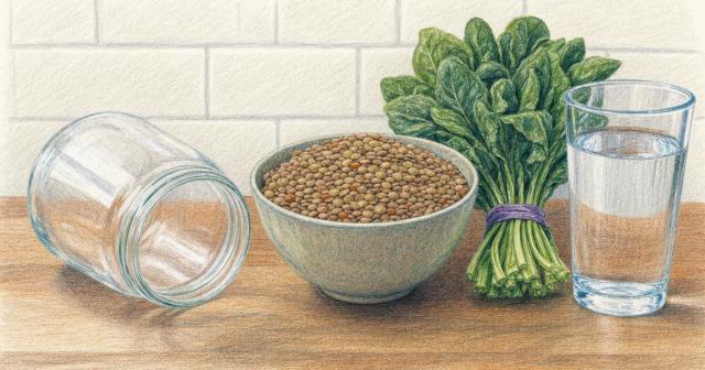 Empty unlabeled glass jar tipped over beside a full bowl of lentils, greens, and water