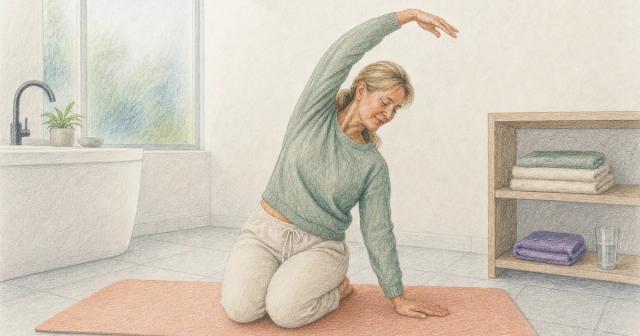 Woman stretching on a mat on a bathroom floor beside a clean, spare open shelf