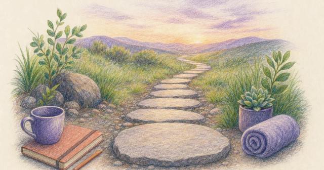 A single stepping stone at the start of a long path curving into distance