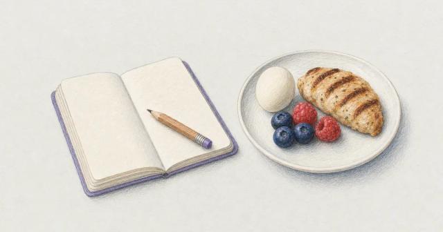 Open blank notebook and pencil beside a plate of egg, chicken and berries, with measuring cups tipped over behind