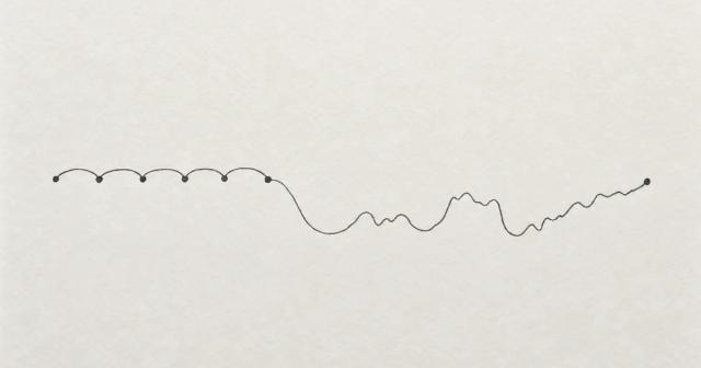 Hand-drawn diagram of evenly spaced dots with steady arcs that widen into long sagging jittery gaps