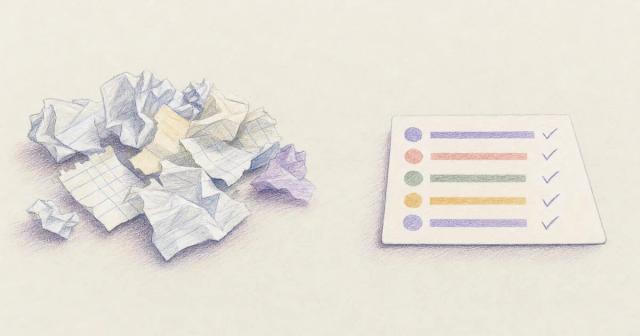 Scattered crumpled scraps beside one tidy checked card for a visit.