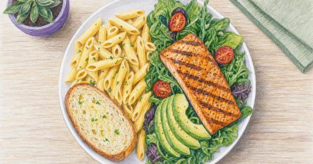 Overhead plate split between plain carbs and a salmon, greens, and avocado arrangement