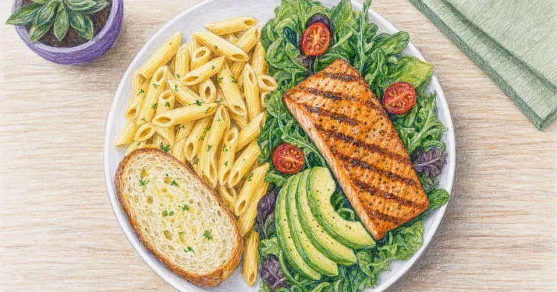Overhead plate split between plain carbs and a salmon, greens, and avocado arrangement